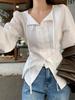 Korean Chic Lace-up Embroidered Dark Pattern Collarless Long Sleeve Shirt for Women
