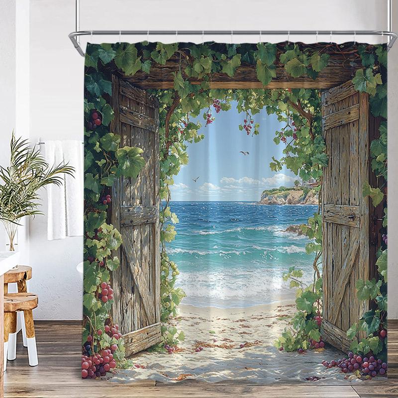 Dusk Ocean View Shower Curtains Brown Window Wooden Door Beach Sea Waves Scenery Fabric Home Bathroom Curtain Decor With Hooks