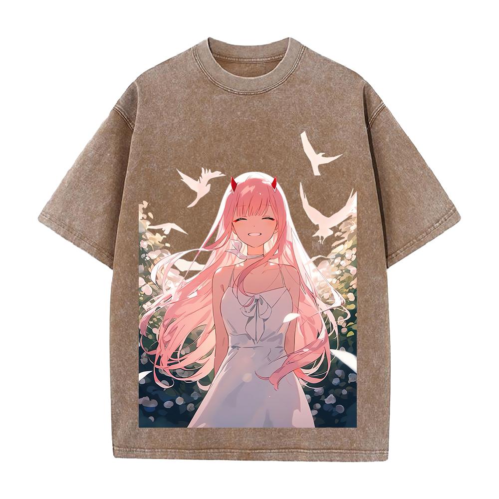DARLING in the FRANXX Zero Two Printed Tee Men Women Short Sleeve Cotton Tshirts Vintage Washed T-shirt Oversized Streetwear