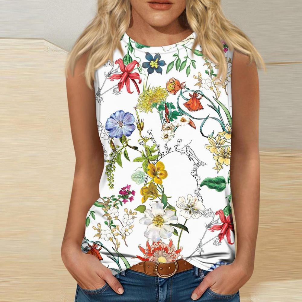 

Женская футболка без рукавов с 3D цветочным принтом, ретро повседневный жилет с круглым вырезом и открытыми плечами, топ без рукавов в стиле Y2K, футболка, женская одежда 3XL