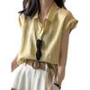 Women Solid Color Linen Blend Shirt Cap Sleeve Point Collar Loose Fit Casual Button Up Blouse