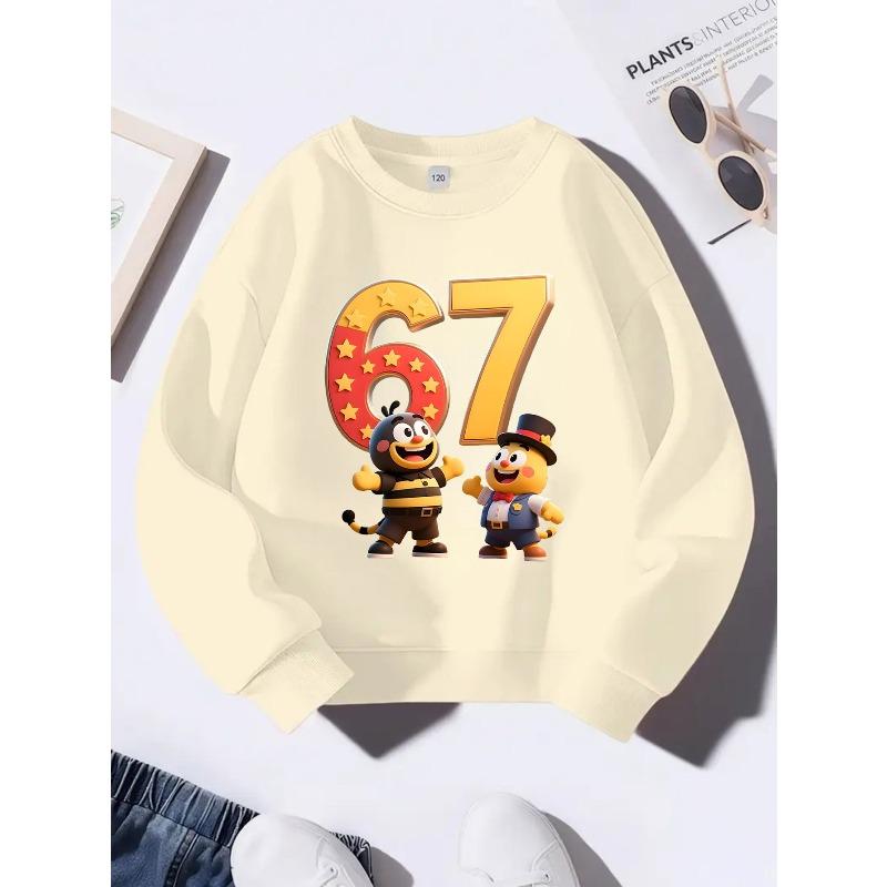 Birthday Gift For Kids 4-12 Unisex 3D Cartoon Tiger Star Number 67 Graphic Long Sleeve Soft Fleece Pullover For Boys Girls Over 4 Years Old Children