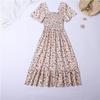 Chiffon Dress Women Dresses Female Short Sleeve Elastic Waist Printed Floral Pleated Backless Casual Dress