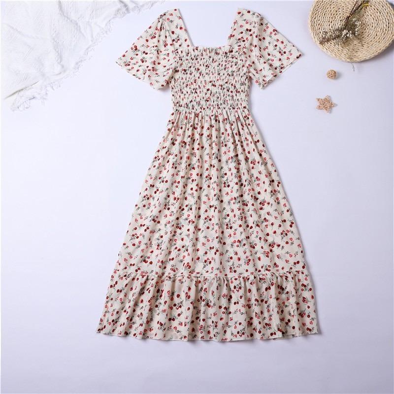 Chiffon Dress Women Dresses Female Short Sleeve Elastic Waist Printed Floral Pleated Backless Casual Dress