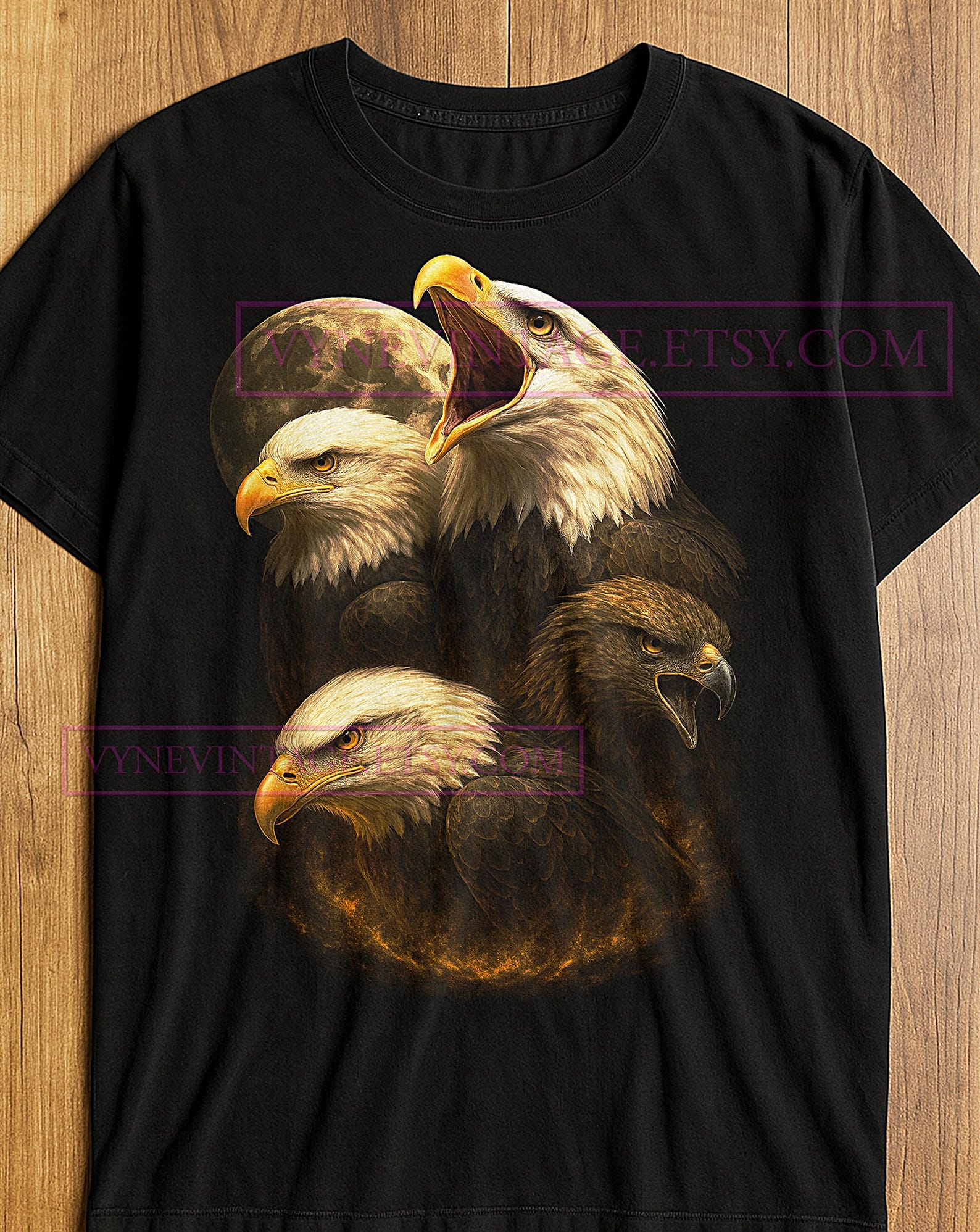 Freedom Eagle T-Shirt, Bald Eagle Moonlight Majestic Birds Tee, Fierce Spirit Wildlife Art, Vintage Nature Power Shirt XL