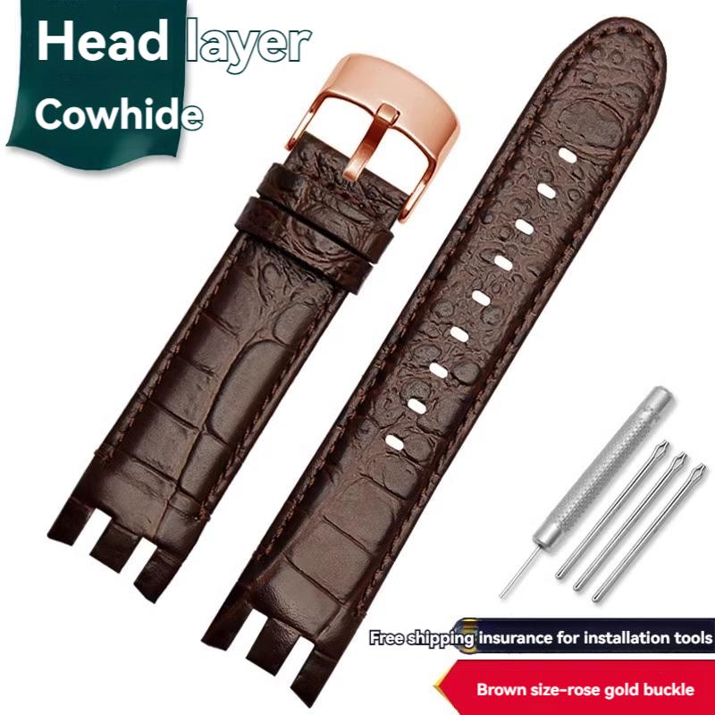 Pulsera de Interfaz Curva Dedicada de 21 mm para Reloj Swatch Correa de Cuero de Vaca para Hombre YRS403 YRS412 YRS402g Correa de Piel de Ternero con Herramientas