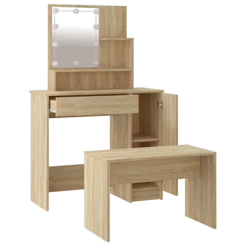 Vanity Table Set with LED Sonoma Oak Engineered Wood