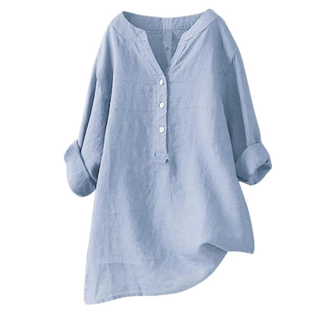 Women's V Neck Long Sleeve Linen Shirt Loose Fit Casual Commuter Blouse for All Occasions