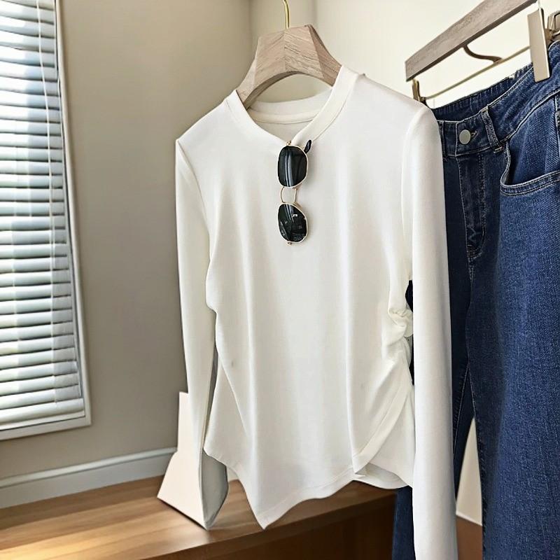 

Irregular Niche Design Casual Round Neck Solid Color Plus Size Pleated Slimming Versatile Long Sleeve T-Shirt M (80-95 lbs) белый