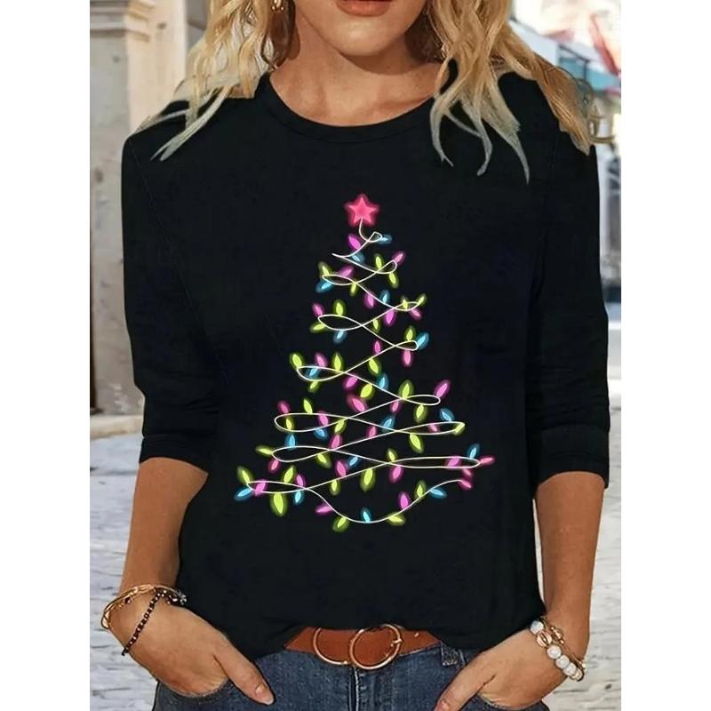 Women's Christmas Tunic 3/4 Sleeve Christmas Tree Print Casual Stretchy Red White Snowflake Crew Neck Festive Winter Wear 