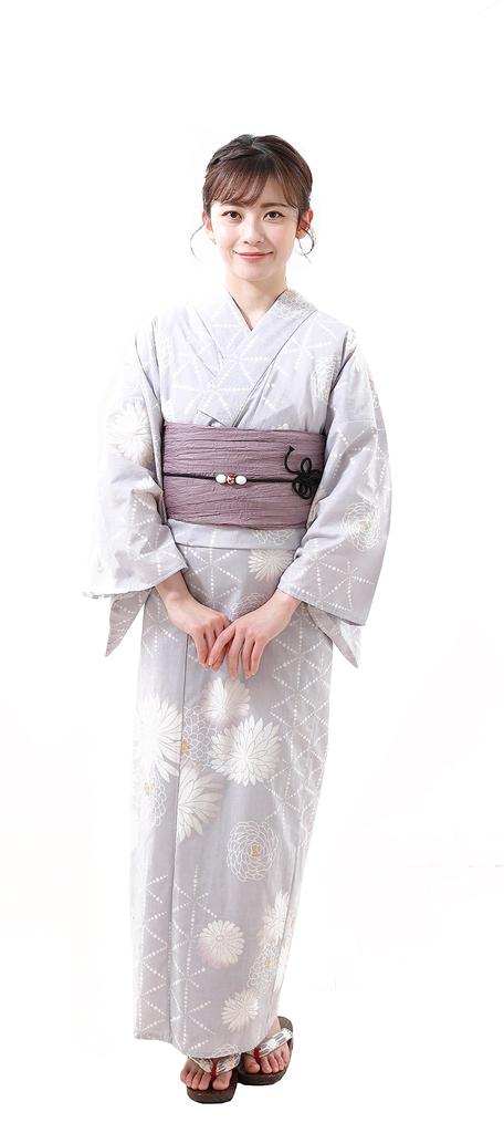 Hiroba Yukata Yukata 3 Piece Greige and White Chrysanthemum High School Yukata One Size Fits Fireworks Summer [Kimono Yu] Set, Women's Set, Yukata,