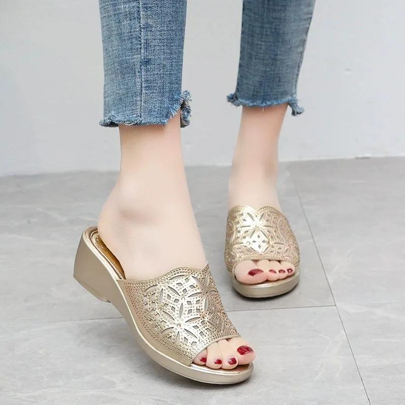 Female Shoes On Sale  Brand Open Toe Women's Slippers Fashion Office Slippers Women Crystal Round Toe Wedges Women's Sandals