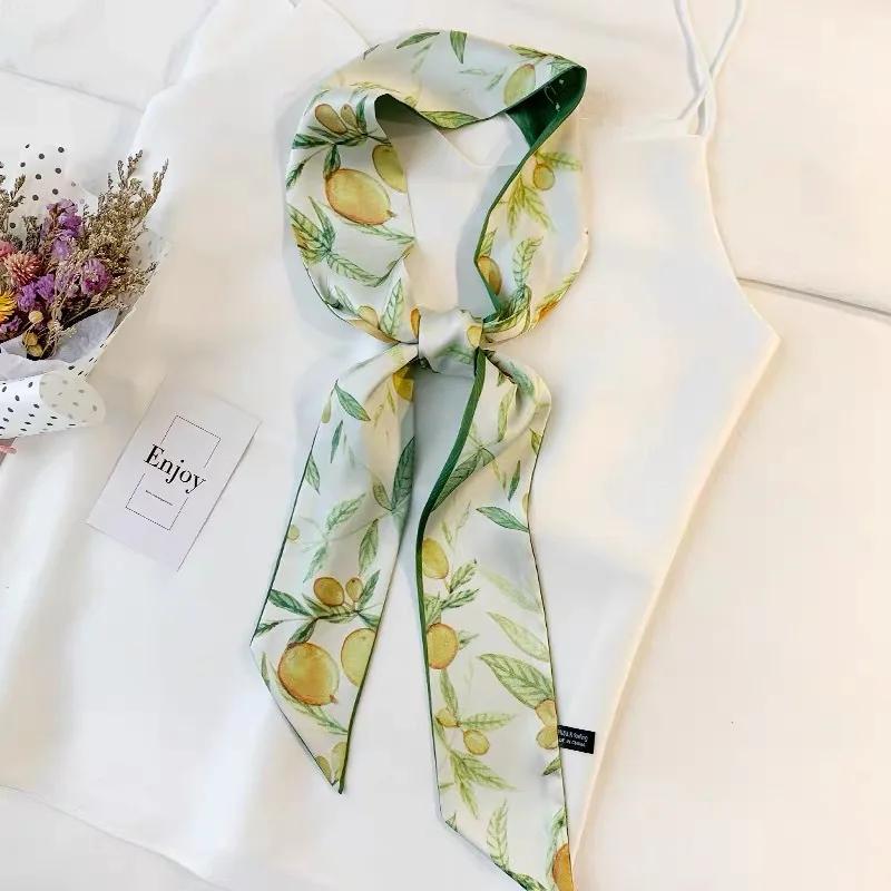 Long Skinny Hair Scarf For Women Fashion Fruit Print Kerchief Cute Headband Silk Satin Neck Scarfs 7*130cm Band Bag Scarves