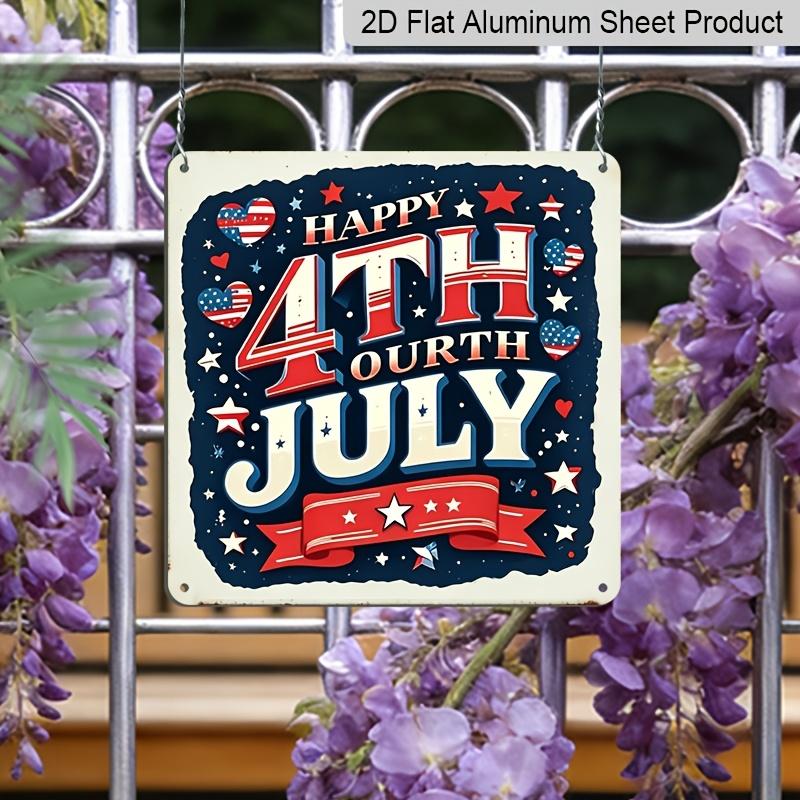 2D Flat, 1pc Vintage 4th of July Metal Wall Sign -Aluminum Patriotic Stars & Stripes Decoration with Happy 4th of July Lettering, Red White Blue