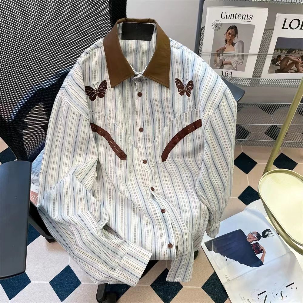 

Женская рубашка с длинными рукавами в полоску с бабочками, корейский контрастный женский топ, весна-осень, повседневное простое женское пальто M