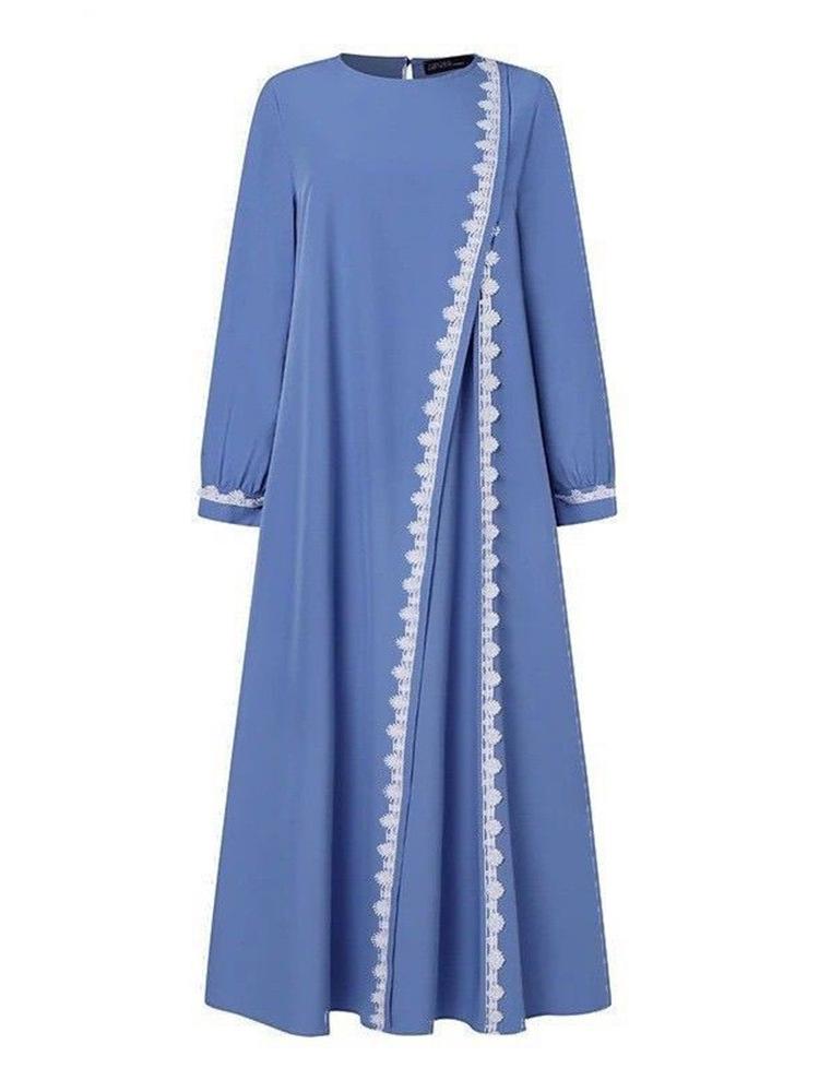 Muslim Women's Solid Color Lace Trim Casual Dress with Long Sleeves
