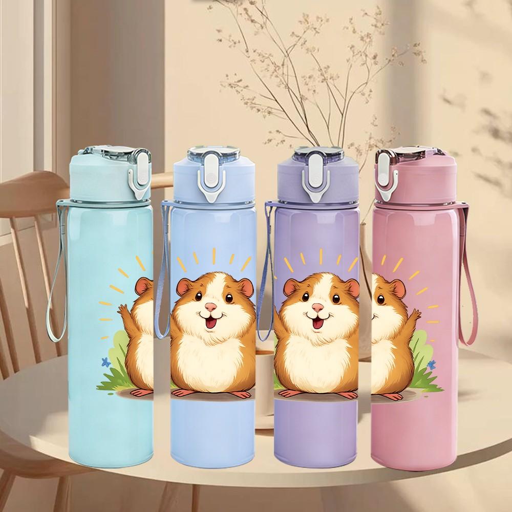 1PC Smiling Hamster Cartoon 750ml Color Plastic Sports Water Bottle Leakproof Flip Straw Lid Suitable for Sports Office Home Use