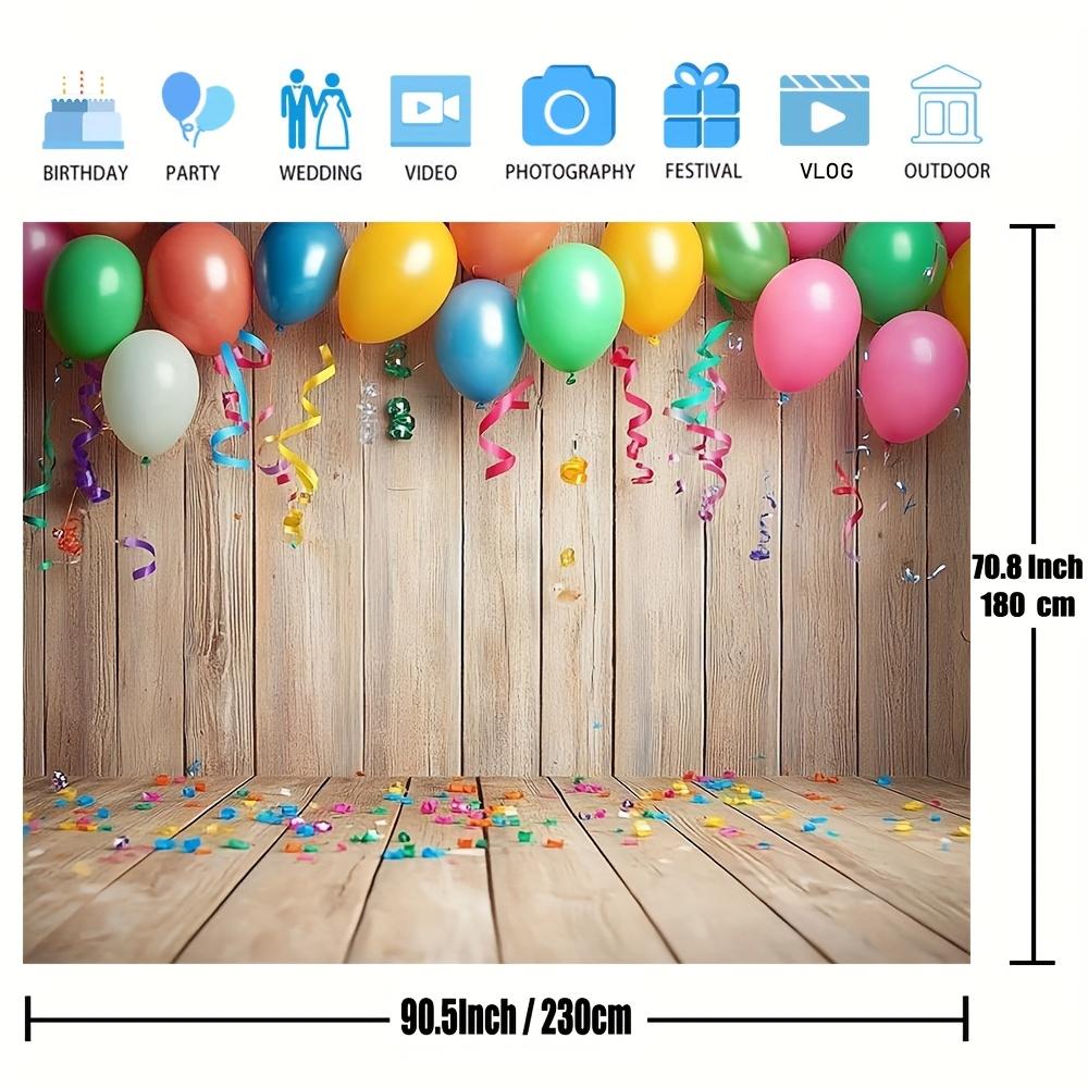 Colorful carnival balloons and tassels are decorated on the rustic wooden boards - polyester fiber photo background cloth