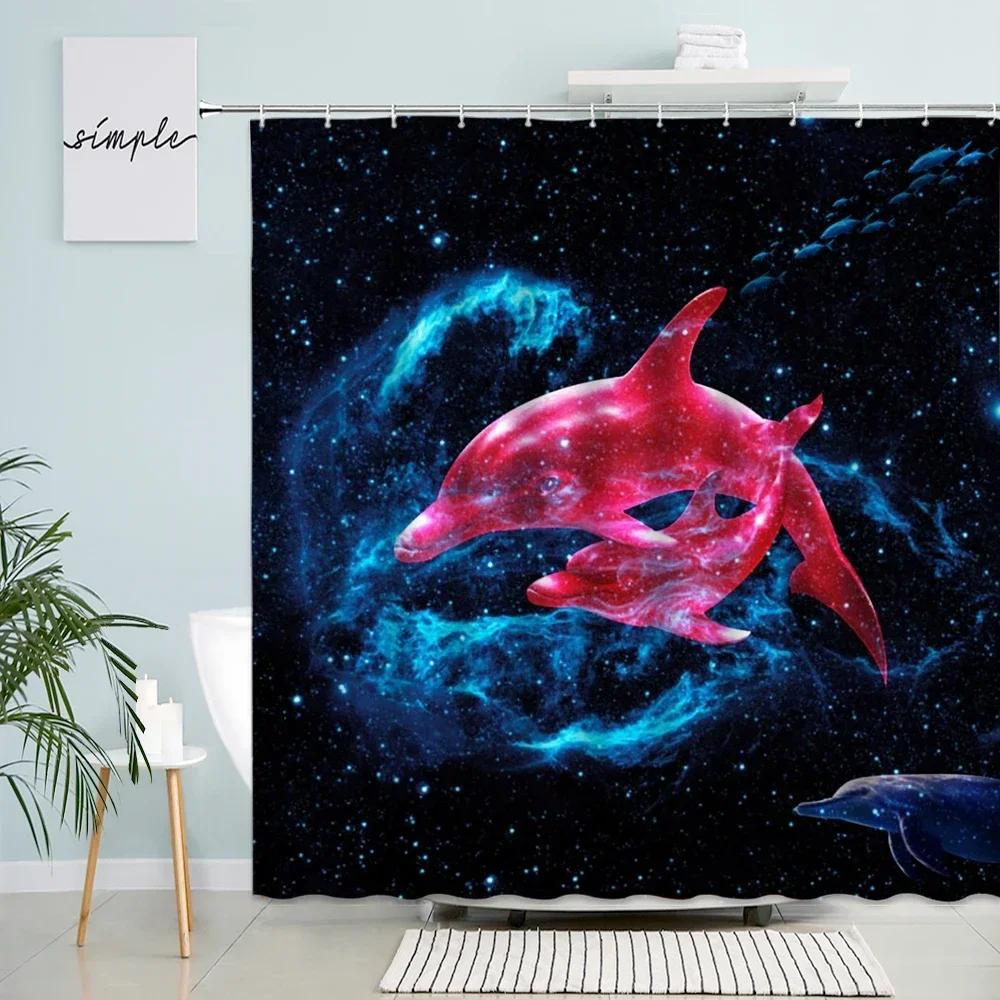 Funny Dolphin Shower Curtains Sunset Ocean Animals Tropical Fish Coral Children Bathroom Decor Polyester Bath Curtain with Hooks