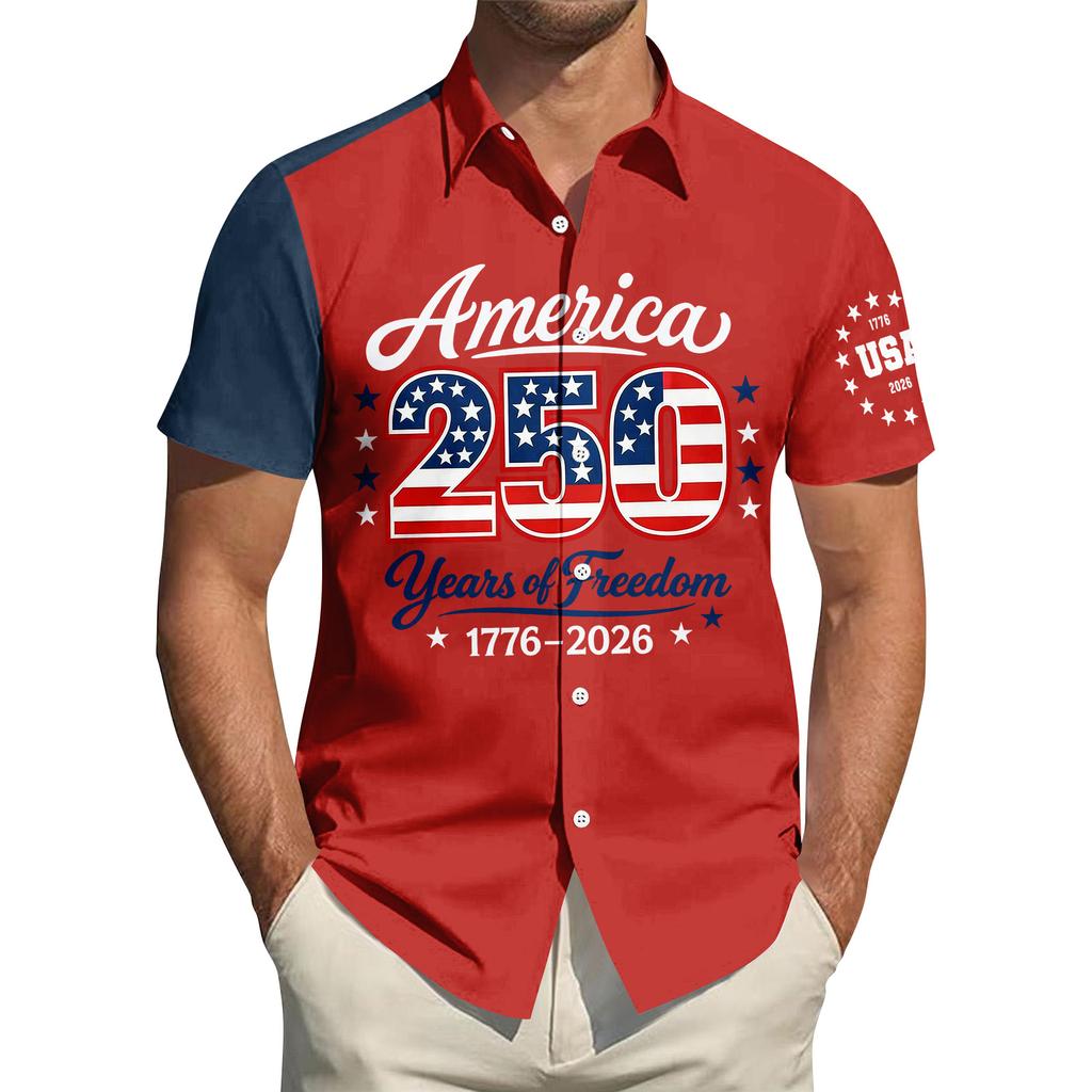 Top da Uomo Stampato per il Giorno dell'Indipendenza con Colletto Camicia Casual Sportiva a Maniche Corte da Uomo