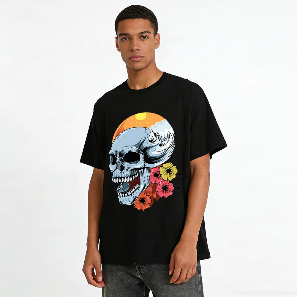 Vintage Sunset Skull Floral Print Casual Graphic Tee Pure cotton T-shirt
