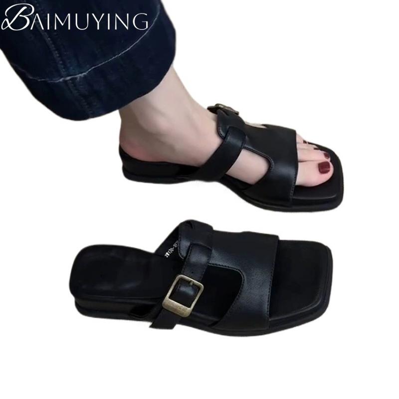 Women Flats Square Toe Slippers Summer Sandals New Casual 2025 Trend Slingback Shoes Walking Woman Flip Flops Sandalias