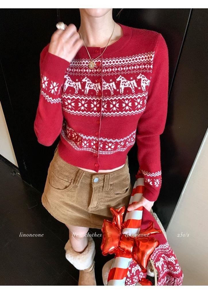 Retro Fair Isle Jacquard Knit Cardigan - Color-Block Year of the Horse Design