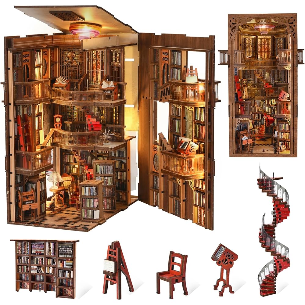 

MiniCity DIY Book Nook Kit 3D Miniature House with LED Decor Woodcraft Bookend for Teens and Adults