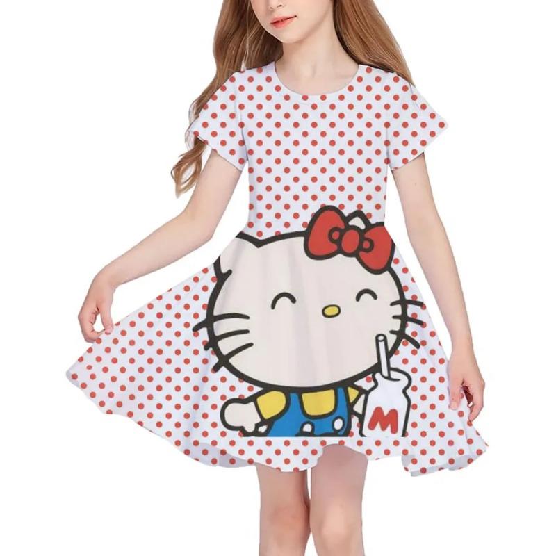 Summer New Girls Short-Sleeved Dress Hello Kitty 3D Printed Children's Fishtail Skirt Casual