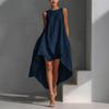 Women's Cotton Linen Sleeveless Midi Dress Crew Neck Asymmetric Hem Tank Dress Summer Casual Beach Sundress