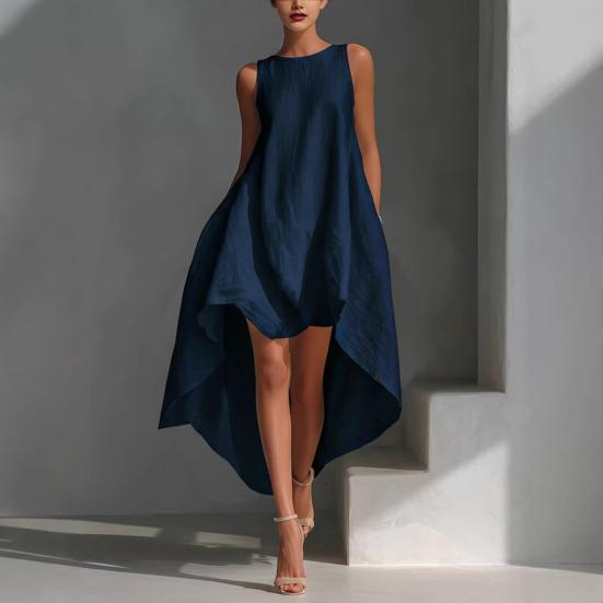 Women's Cotton Linen Sleeveless Midi Dress Crew Neck Asymmetric Hem Tank Dress Summer Casual Beach Sundress