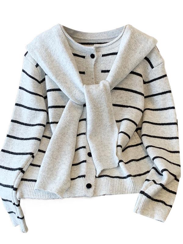 2025 Autumn Women's Korean Style Striped Jacket & Long Sleeve Sweater Two-Piece Set