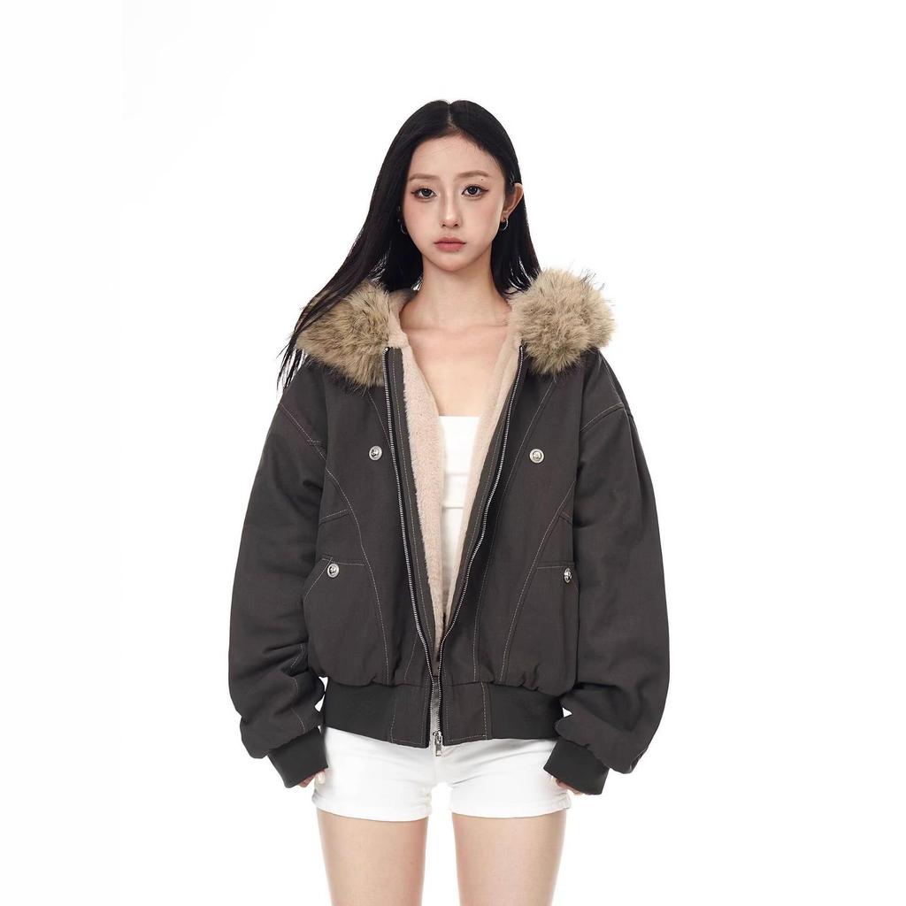 Unisex Retro Patchwork Pelzkragen Kapuzen Baumwolljacke – Winterdesign, Kurzmantel mit Fleecefutter.