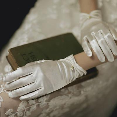 Performance Five Finger Satin Full Finger Gloves Korean Driving Mittens Women Wedding Gloves Pearl