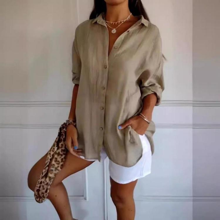 European Style Women Solid Pleated Shirt with Lapel and Roll Up Sleeves
