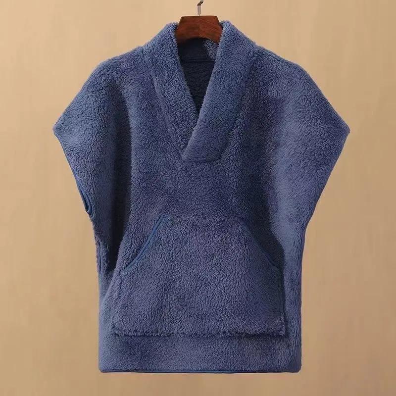 

Двусторонний жилет из кораллового флиса с V-образным вырезом, свободный жилет с рукавами «летучая мышь», теплый зимний топ S синий