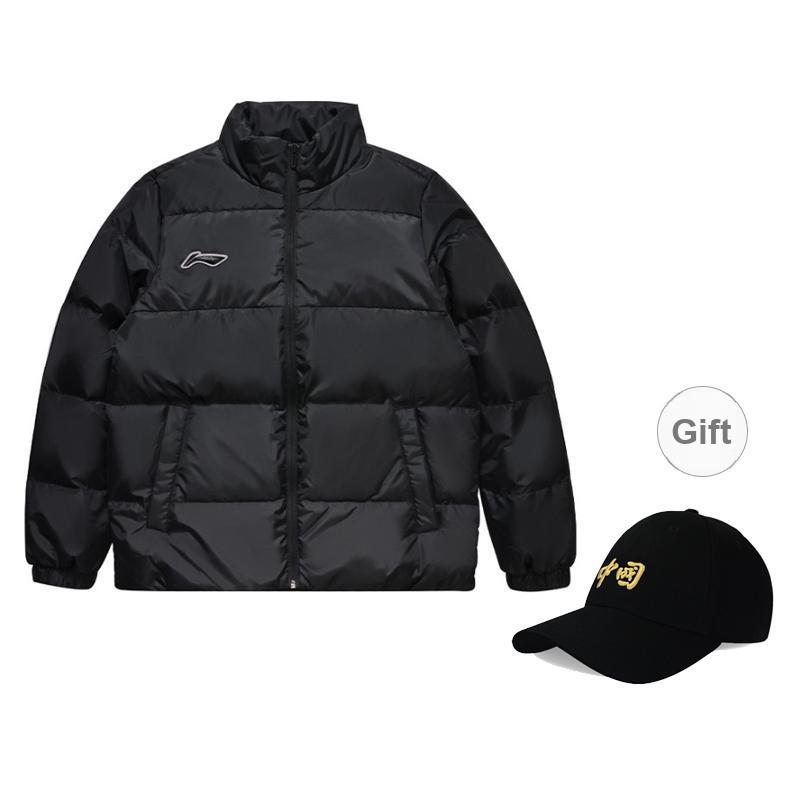 Li Ning Logo Print Warm Short Stand Collar Casual Outdoor Loose Zipper Thickened Down Jacket Unisex Jacket Black YMRU023-1