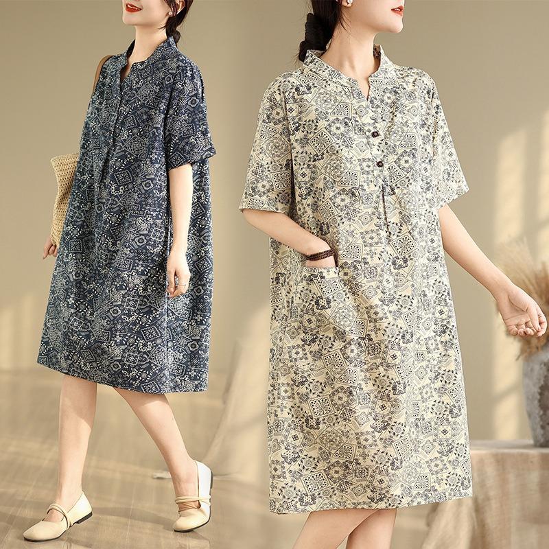 Real Shot Summer New Large Size Straight Skirt Thin Cotton and Linen Dress Women's Clothing