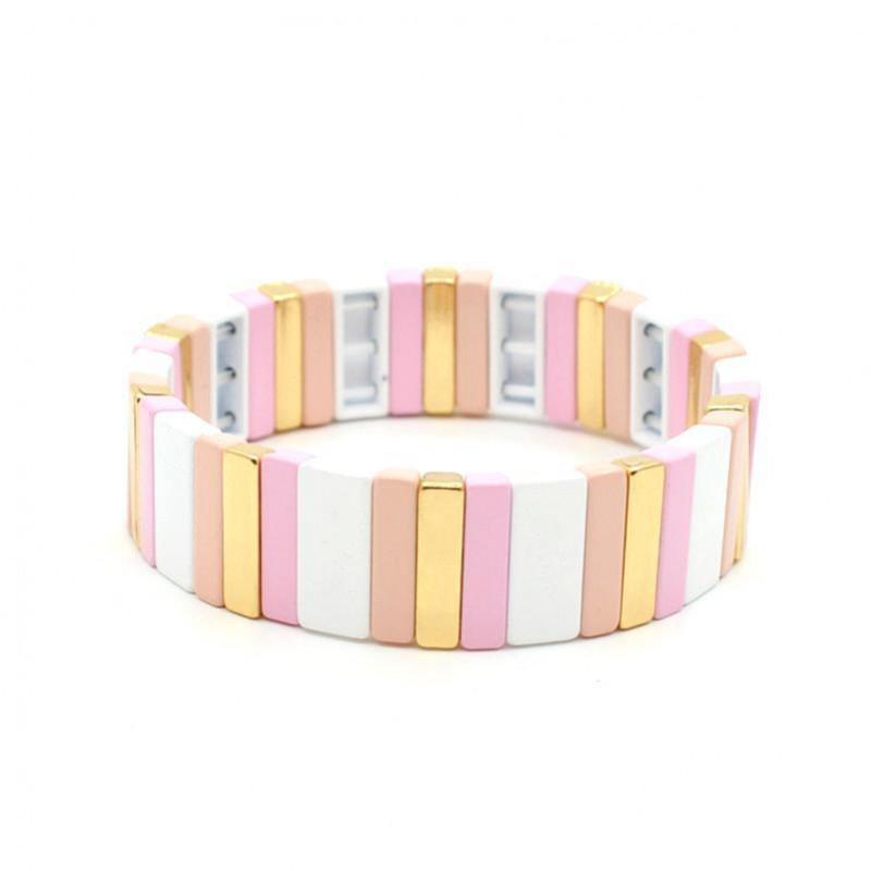 Geometric Enamel Bracelet With Rainbow Color Blocks Multi-Layer Stackable Boho Jewelry Travel Vacation Accessory