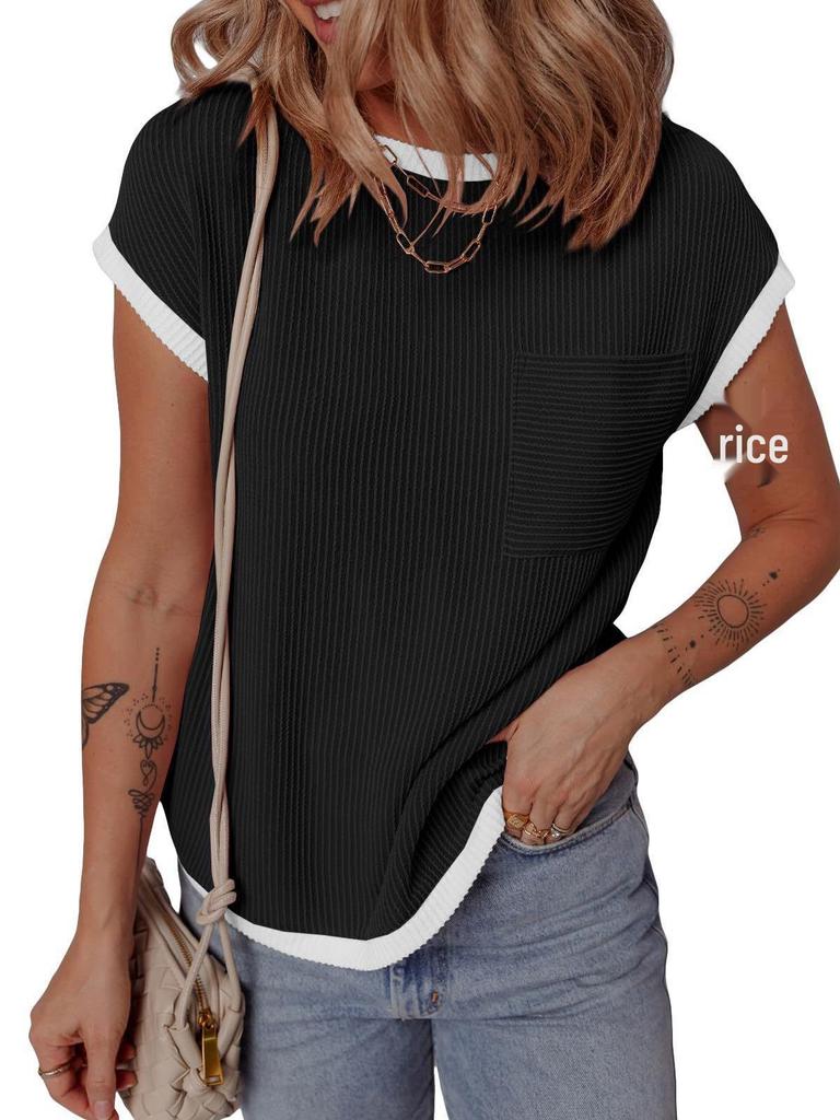Women's Ribbed Knit Short-Sleeve T-Shirt - Casual Spring/Summer Top