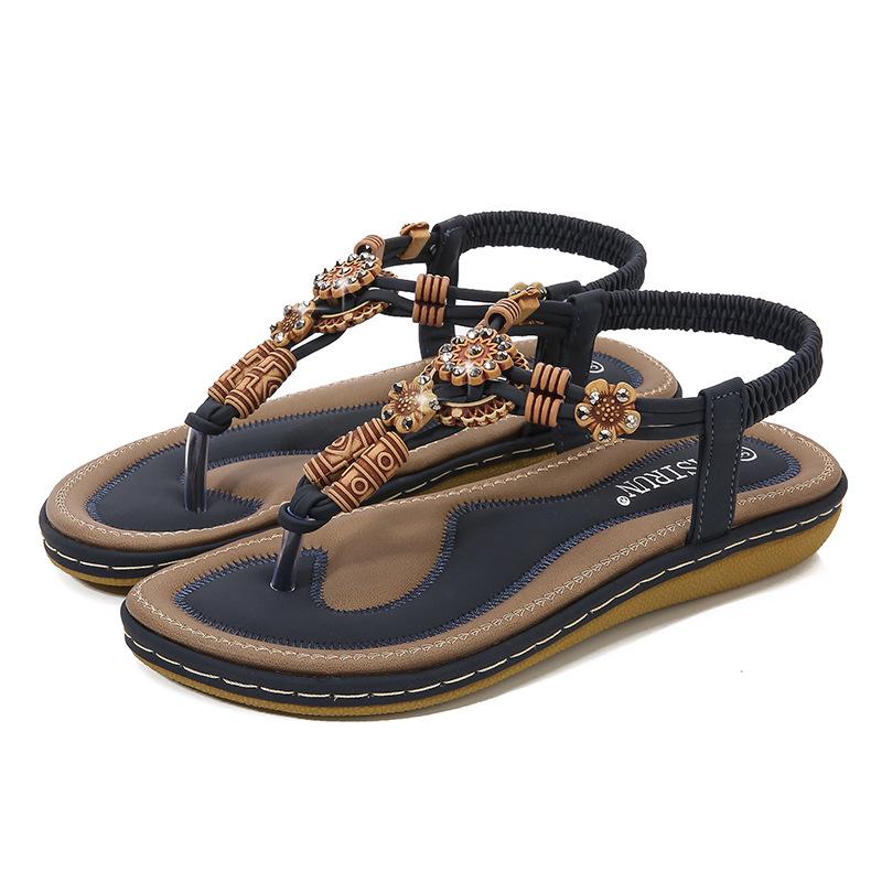 Bohemian Wood Bead Woven Plus Size Flat Women's Sandals for Summer 2025
