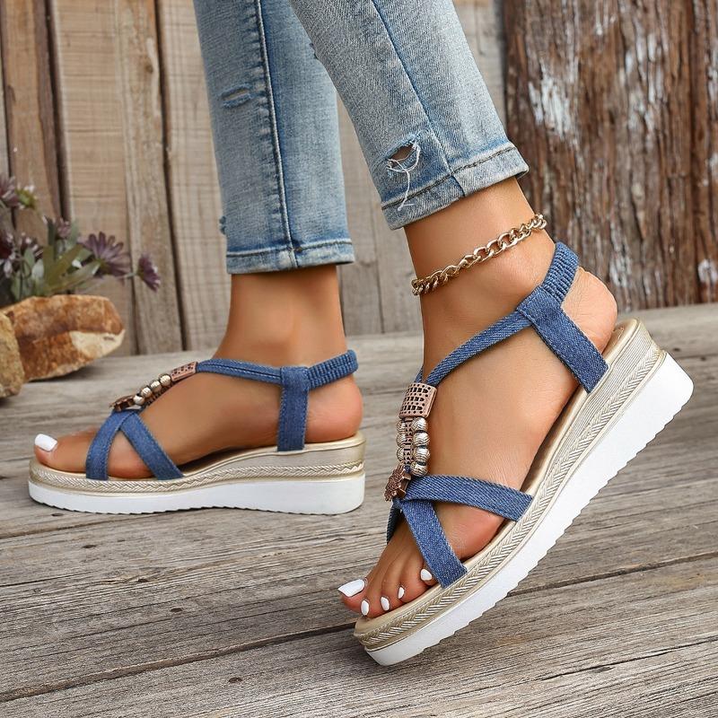 Women's Shoes  New Summer Women's Sandals Elastic Band Denim Blue Solid Metal Decoration Beads Platform Water Proof Sandals