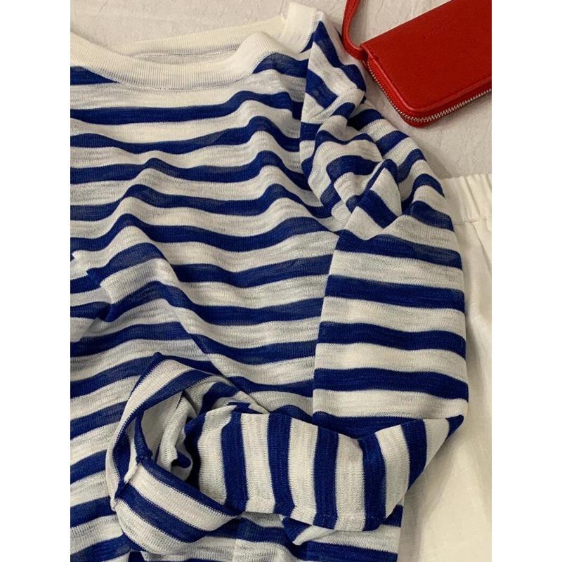 

Женская осенняя рубашка с длинным рукавом и круглым вырезом из нежного льна в темно-синюю полоску, солнцезащитная, для кондиционирования воздуха, вязаный топ из ледяного шелка XL