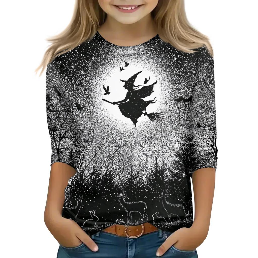 Kids Halloween Printed T-Shirt with Pumpkin Witch Design, 7/8 Sleeve Round Neck Top for Daily Wear