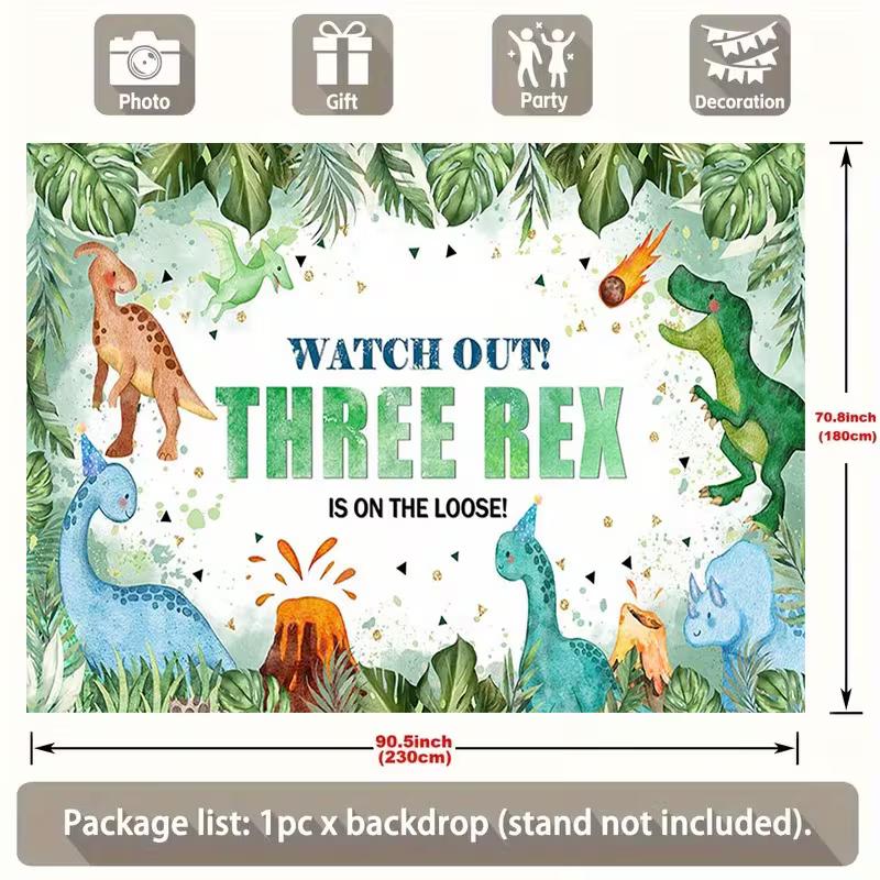 2D Flat Watercolor Jungle Dinosaur Backdrop for Boy's Third Birthday Decoration