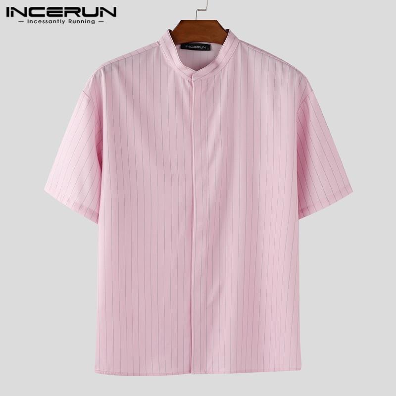 INCERUN Men Collarless Short Sleeve Striped Print Casual Office Shirts Tops