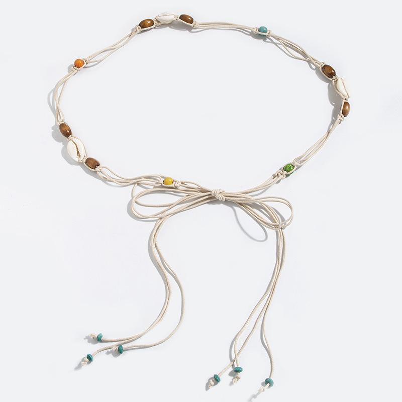 Bohemian Belt Ethnic Style Belt Shell Belt Wooden Beads Women's Thin Belt Leisure Vacation Style Waist Rope