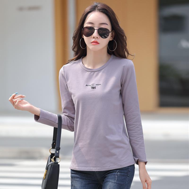 Damen Besticktes Rundhals Langarm T-Shirt, Herbst/Winter, Koreanischer Stil, Übergröße, 95% Baumwoll-Basisschicht