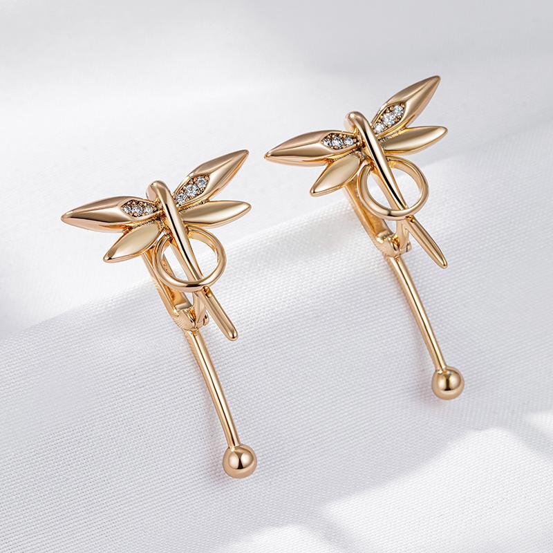Fashion Glossy Dragonfly Long Drop Earrings For Women  Rose Gold Color Natural Zircon Accessories Daily Fine Jewelry