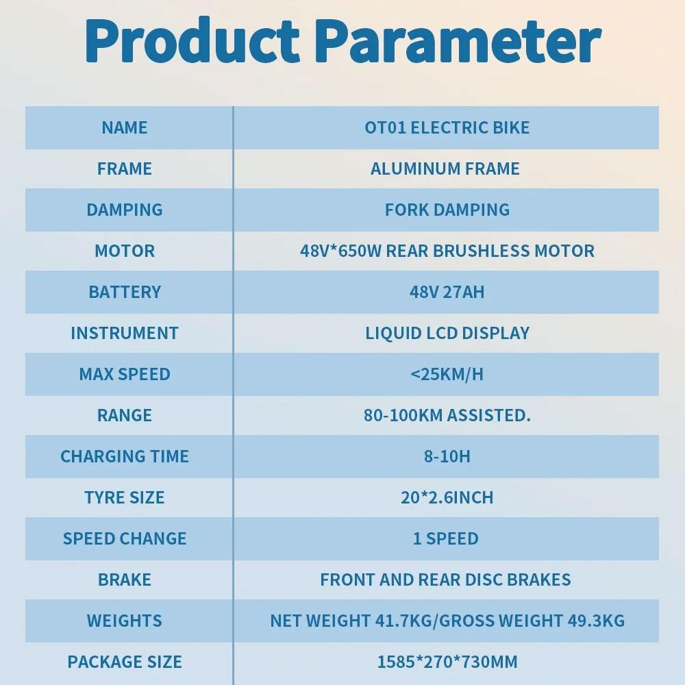 OneSport OT01 Electric Bike Cargo E-bike 650W 20 Inch Tires 48V 27AH 1296Wh Support APP Hydraulic Disc Brakes LCD Display